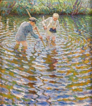 ニコライ・ペトロヴィッチ・ボグダノフ・ベルスキー Painting - 魚を捕まえる少年たち ニコライ・ボグダノフ・ベルスキー